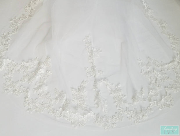 108" Cathedral Unbeaded Alencon Beaded Lace Wedding Veil - Long Lace Veils - 108" inches long - Lace Cathedral Veil, Veils With Lace-Something Ivy