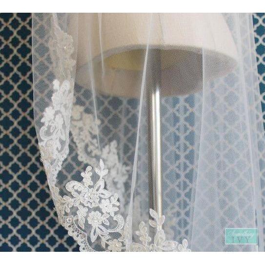 108" L - Alencon Beaded Lace Cathedral Wedding Veil-Something Ivy