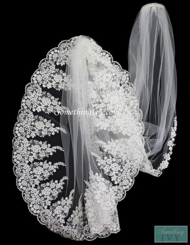 108" Long Lace Beaded Cathedral with with Rhinestone, Beads & Pearls - Cathedral Veils-Something Ivy