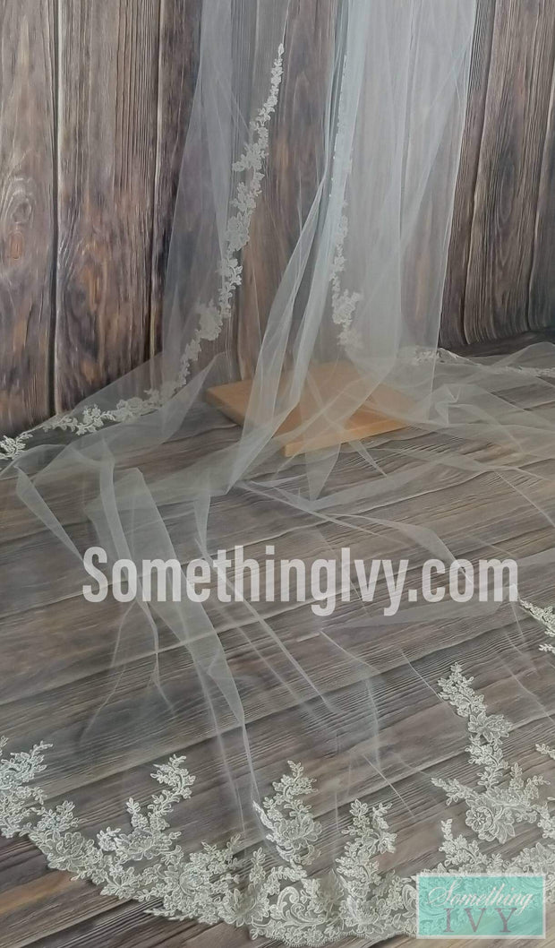 120" Ivory Alencon Lace Beaded Cathedral Wedding Veil-Something Ivy