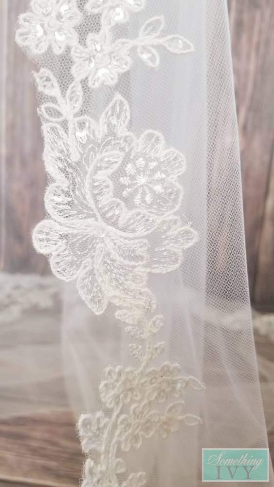 120" Ivory Alencon Lace Beaded Cathedral Wedding Veil-Something Ivy