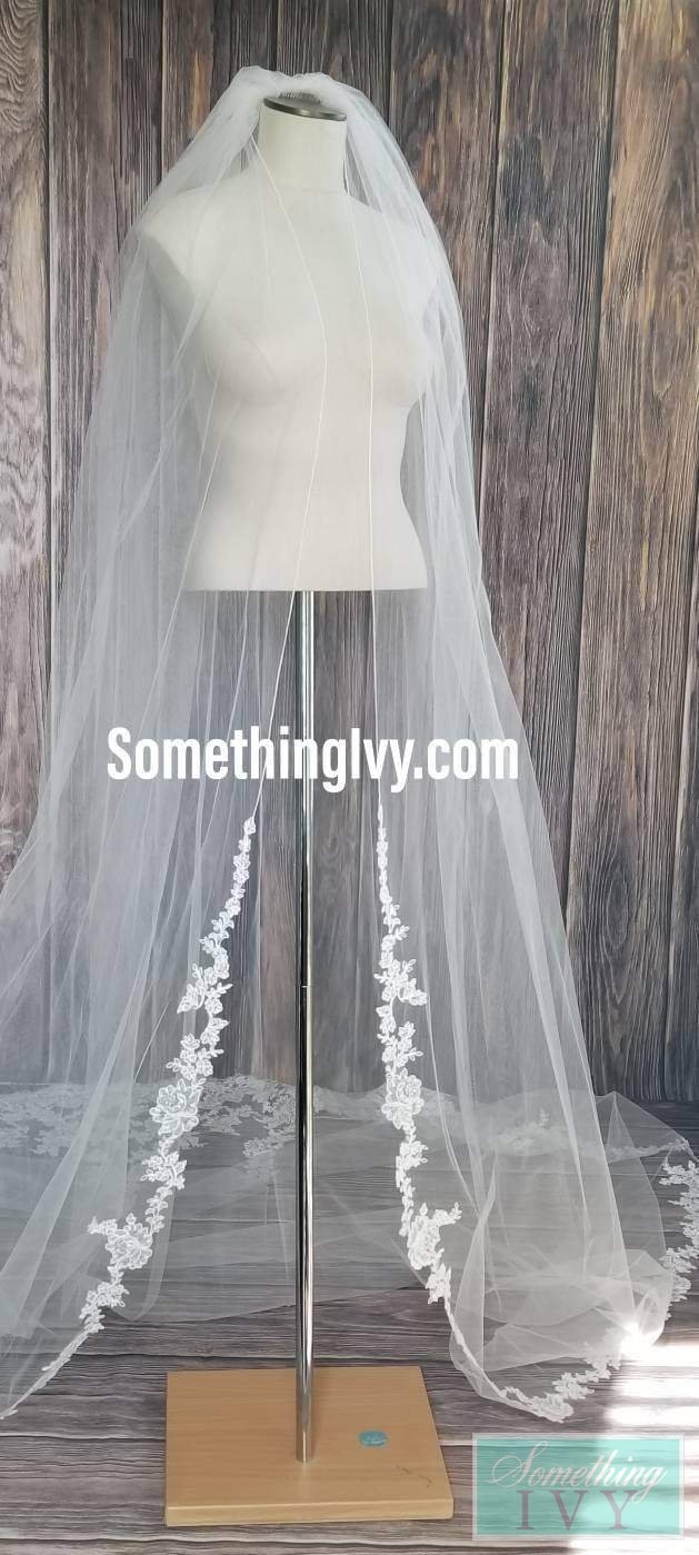 Cheap Ivory Alencon Lace Trim Long Wedding Veil