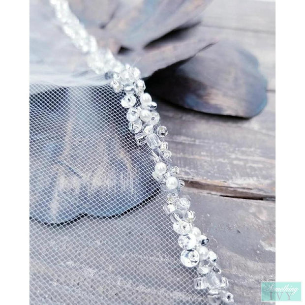 Frosted Beaded Cathedral Veil Rice Pearls, Crystals, Bugle Beads - Fast Ship