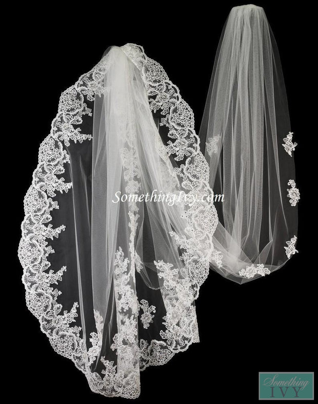 130" Long Lace Beaded Cathedral with with Rhinestone, Beads & Pearls - Royal Cathedral Veils-Something Ivy