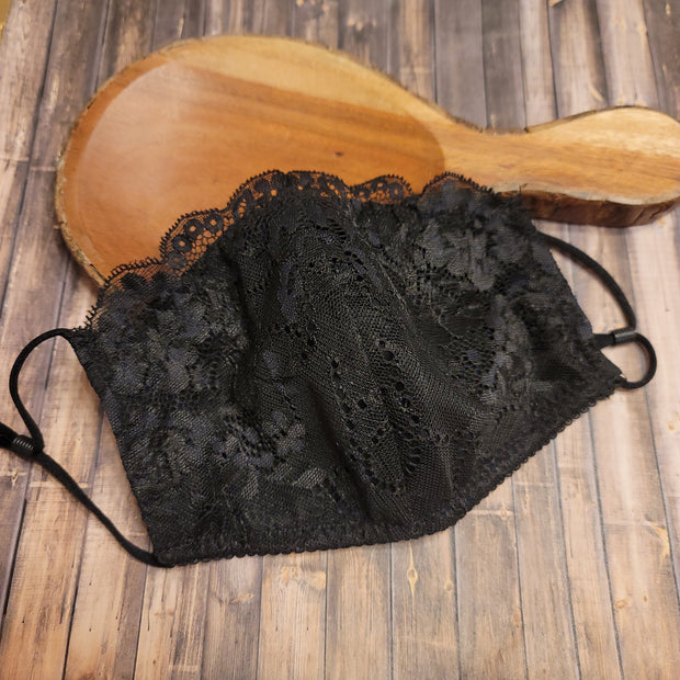 Black Lace and Cotton Face Mask - Cotton and Spandex Blend - 2 ear loops (with filter pocket) - Washable Face Mask - Reusable Dust Mask