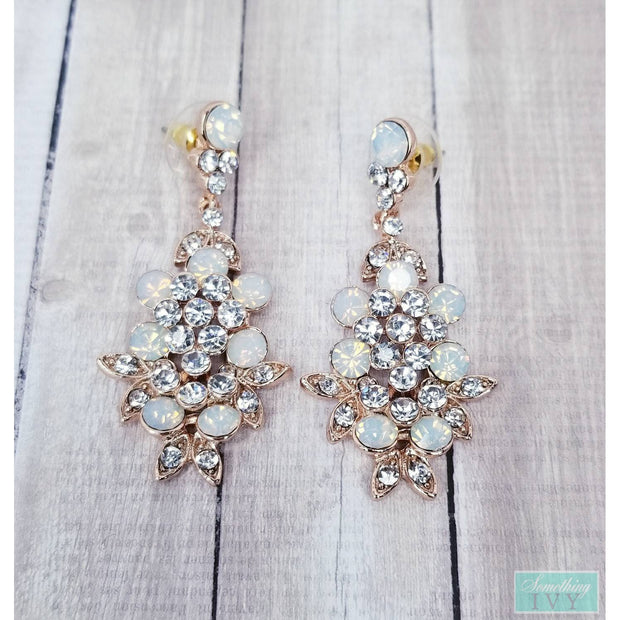 2" - Opal Rose Gold Drop Earrings - Rose Gold Opal Earrings - Rose Gold Rhinestone Earrings -Rose Gold Dangle Earrings-Something Ivy