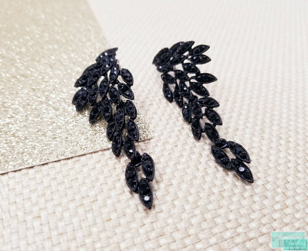 2.5" - Black Rhinestone Feathered Earrings - Pierced-Something Ivy