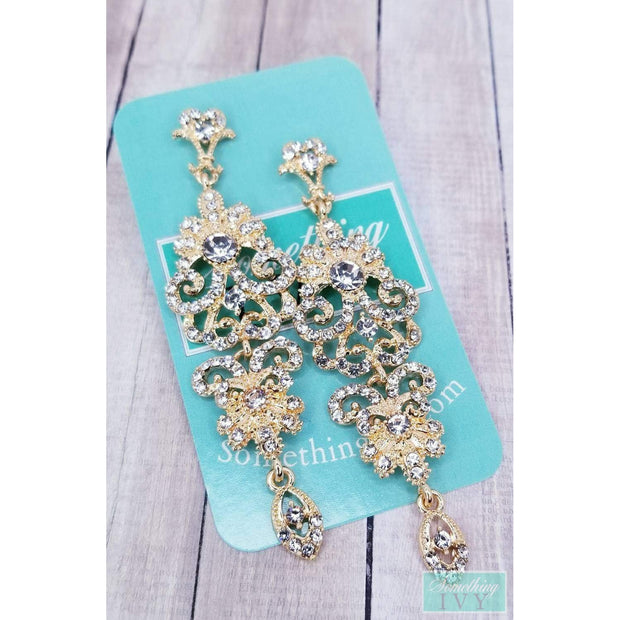 3" - Gold Drop Earrings - Gold Chandelier Earrings - Gold Rhinestone Earrings - Gold Dangle Earrings - Pierced Earrings-Something Ivy