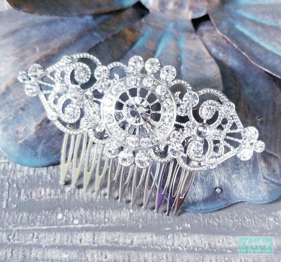 3" - Small Silver Comb - Beaded with Crystals-Something Ivy