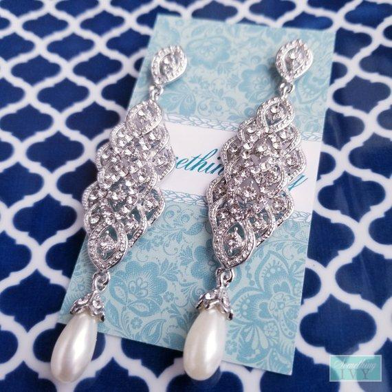 3.5" - Crystal Pearl Drop Earrings - Wedding Earrings - Drop Earrings - Crystal Earrings-Something Ivy