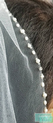 35" - Pearl & Crystal Beaded Edge Wedding Veil w/Silver Accents-Something Ivy