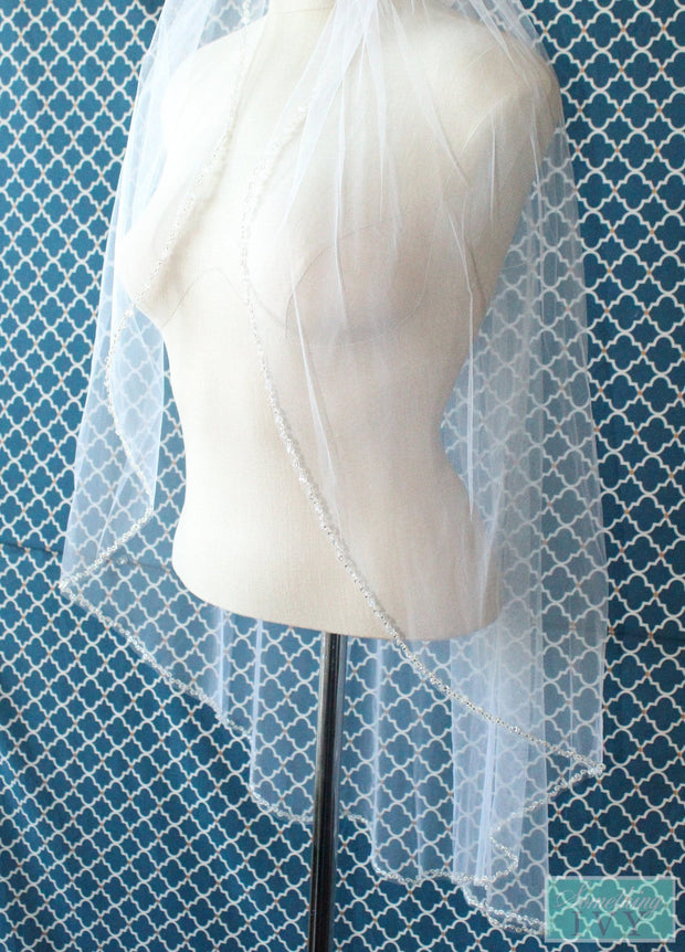36" Inch Swarovski Crystals and Bugle Beads on Silver Edge - Beaded Cut Edge Veil-Something Ivy