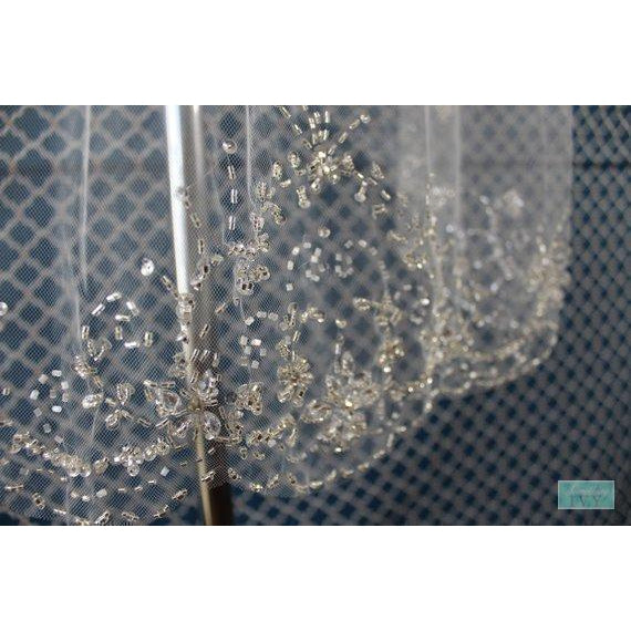 36"L - Beaded Veil with Bugles Beads, Rhinestones, Rondelles, Sequins & Beads - Fingertip Beaded Veils -Something Ivy