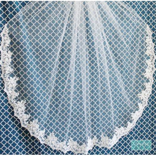 42" L - Alencon Beaded Lace Fingertip Wedding Veil-Something Ivy