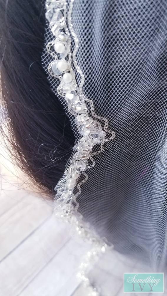 42" - Pearl Wave Beaded Edge Wedding Veil w/Silver Accents-Something Ivy
