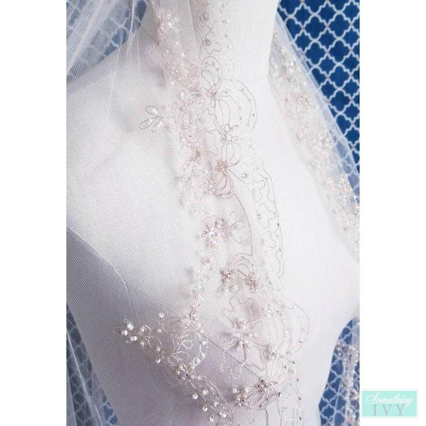 45"L - Embroidered Gold Thread Champagne Beaded Veil - Sequins/Pearls - Fingertip Length Champagne Beaded Veil - Gold Wedding Veils-Something Ivy
