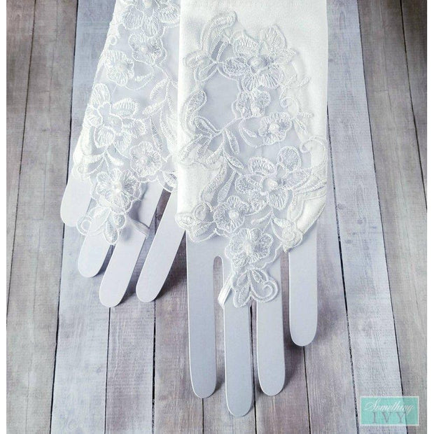 6.5" - Fingerless Lace Gloves - Ivory Gloves Satin - Formal Wear Gloves-Something Ivy