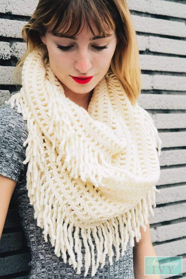 All About Me Ivory Lattice Tassle Infinity Scarf-Something Ivy