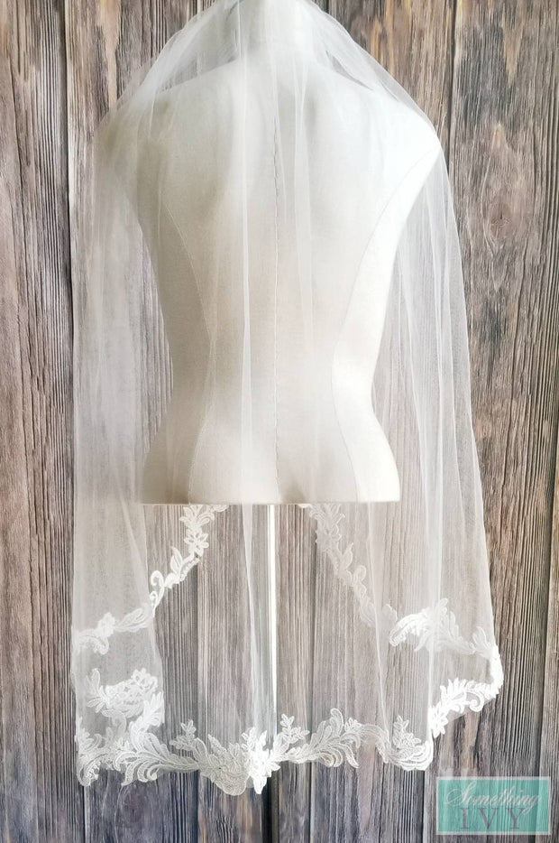Baroque Lace Fingertip Length Veil with Rolled Edge-Something Ivy