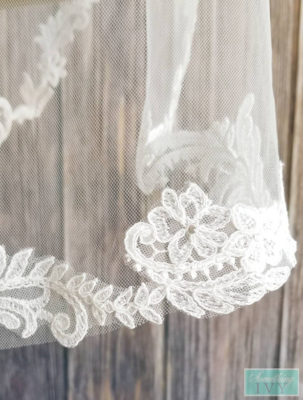 Baroque Lace Fingertip Length Veil with Rolled Edge-Something Ivy