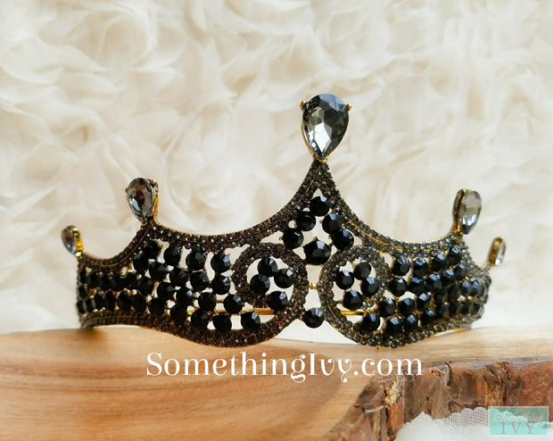 Black/Vintage Gold Baroque Crown - Black Tiara Tiara with Black Stones-Something Ivy