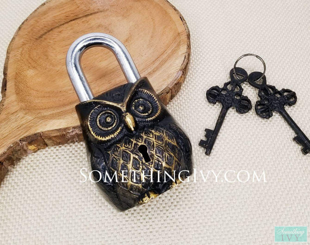 Brass Owl Antique Lock, Owl Padlock, Vintage Owl Lock, Owl Padlocks-Something Ivy