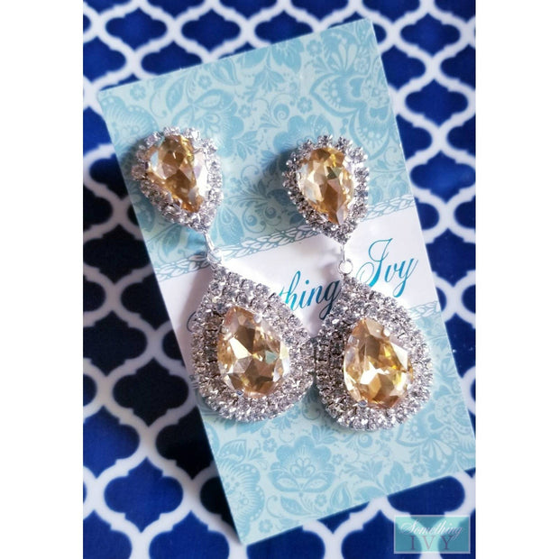Champagne Drop Earrings - Champagne Earrings - Light Gold Rhinestone Earrings - Oyster Color Earrings - Pierced-Something Ivy