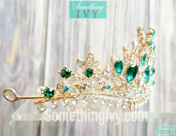 Contour Fit Emerald Green/Gold Baroque Crown - Emerald Green Tiara - Tiara with Emerald Green Stones - Gold Crowns-Something Ivy