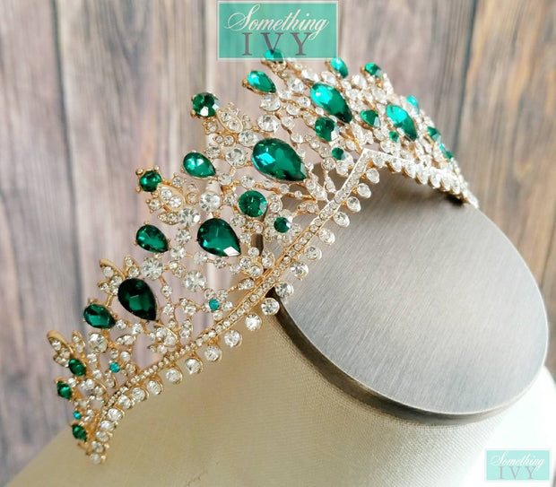 Contour Fit Emerald Green/Gold Baroque Crown - Emerald Green Tiara - Tiara with Emerald Green Stones - Gold Crowns-Something Ivy