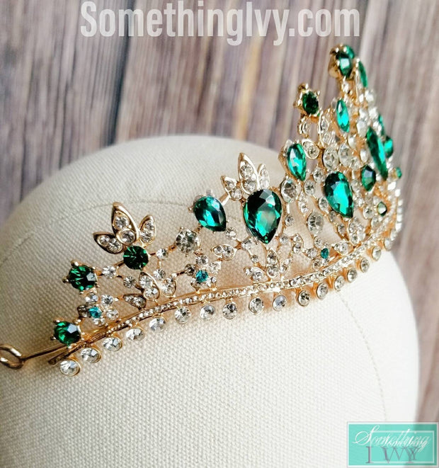 Contour Fit Silver Green Baroque Crown - Emerald Green Tiara - Tiara with Emerald Green Stones-Something Ivy