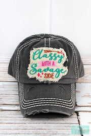 Distressed Black Classy with a Savage Side Graphic Hat - Womens Ball Caps-Something Ivy