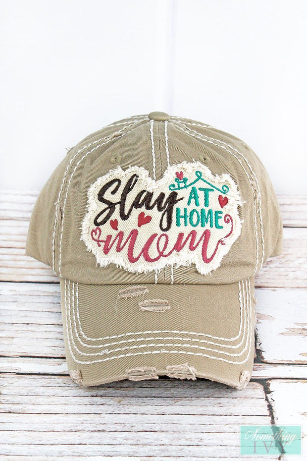 Distressed Khaki Slay at Home Graphic Hat - Womens Ball Caps-Something Ivy