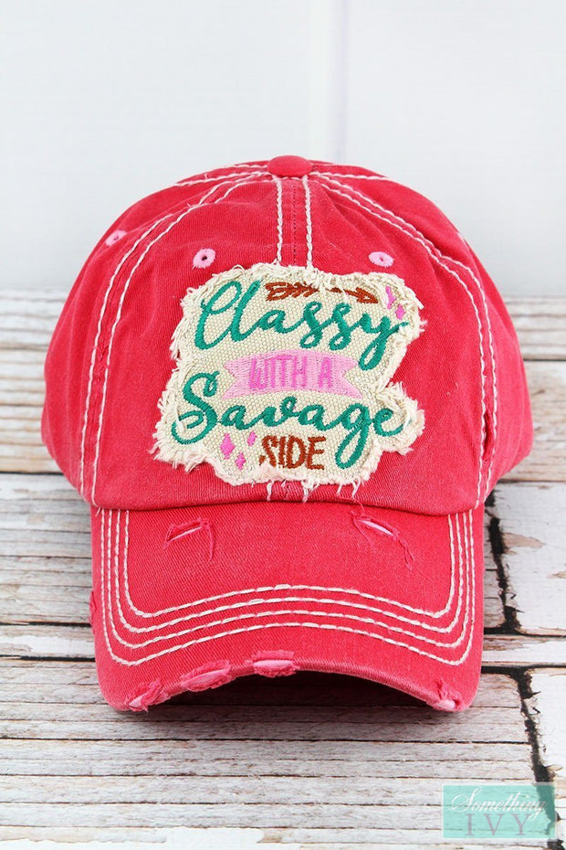 Distressed Salmon Classy with a Savage Side Graphic Hat - Womens Ball Caps-Something Ivy