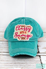 Distressed Turquoise Classy with a Savage Side Graphic Hat - Womens Ball Caps-Something Ivy