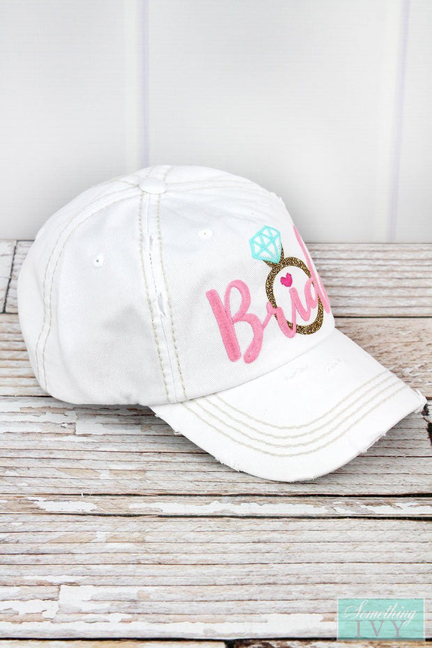 Distressed White Here come the Bride Hat Graphic Hat - Womens Ball Caps-Something Ivy