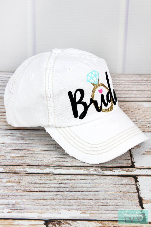 Distressed White/Black Here come the Bride Hat Graphic Hat - Womens Ball Caps-Something Ivy