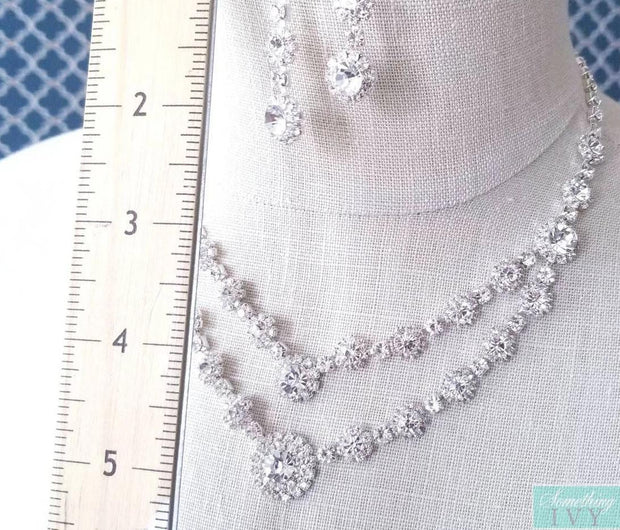 Double Row Silver Crystal Necklace Set with Matching Pierced Earrings - Wedding Necklace - Woman's Necklace Set - Crystal Necklace Set-Something Ivy