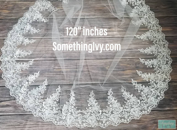 Fast Ship - 120" Beaded Cathedral Lace Wedding Veil - Scallop Edge-Something Ivy