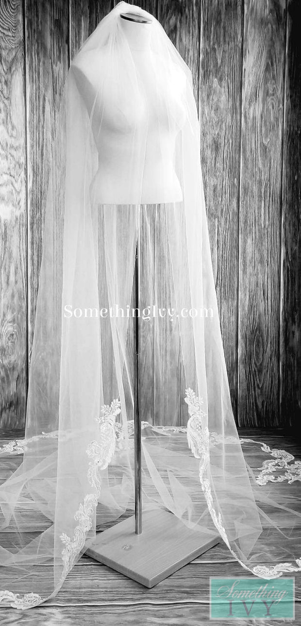 Stunning 3D Flower Lace Wedding Veil with Pearls Cathedral Veil with Comb  Soft Tulle Ivory Veil Floral Pearl Veil One Tier Veil Custom Veil 