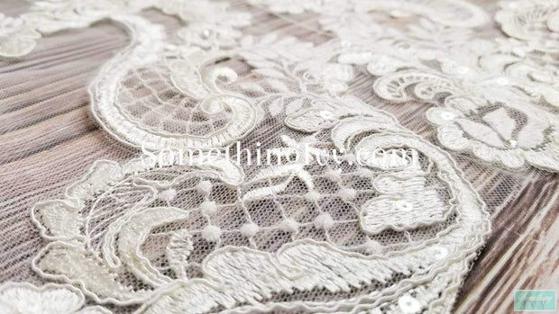 Fast Ship - 120" Cathedral Barqoue and Swiss Dot Lace with Clear Sequins and Light Crystals-Something Ivy