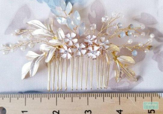 Gold Opal Champagne Comb with Hand Painted Ivory Flowers-Something Ivy