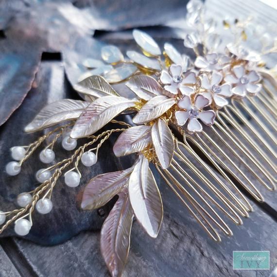 Gold Opal Champagne Comb with Hand Painted Ivory Flowers-Something Ivy
