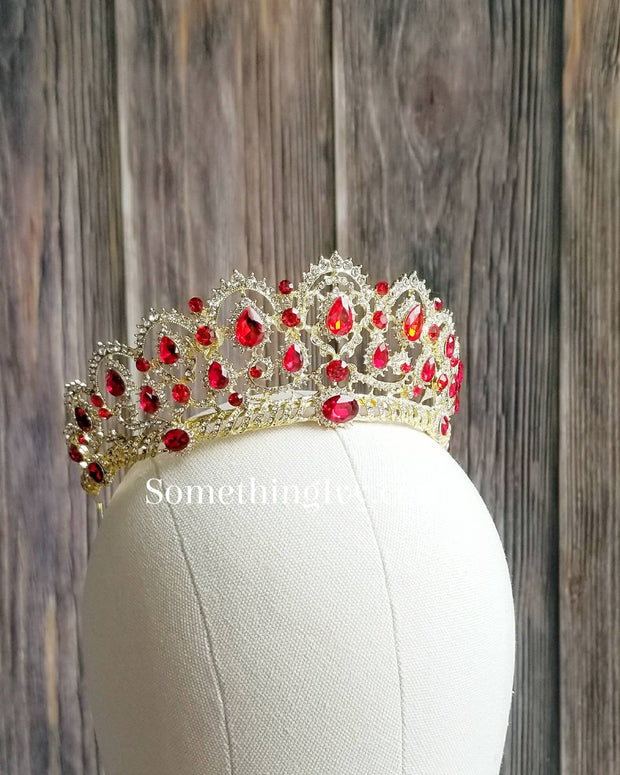 Fast Ship - Ruby Red & Tiara - Gold Headband - Gold/Ruby Red High Tiara - Tiara with Red Accents - Princess Gold Crown - Ruby Tiara