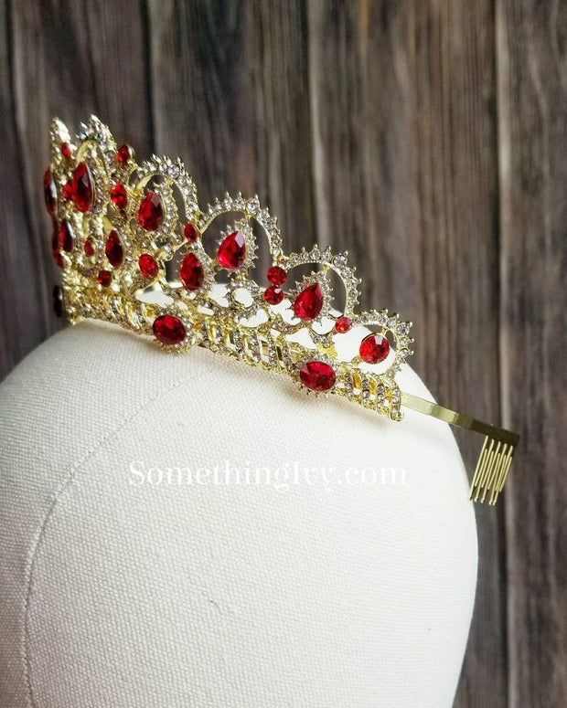 Fast Ship - Ruby Red & Tiara - Gold Headband - Gold/Ruby Red High Tiara - Tiara with Red Accents - Princess Gold Crown - Ruby Tiara