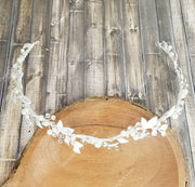 Crescent Silver Hair Garland with Pearls and Crystals,  Pearl Beaded Headband