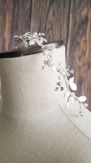 Crescent Silver Hair Garland with Pearls and Crystals,  Pearl Beaded Headband