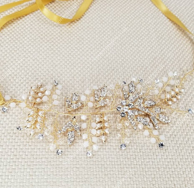 Antique Gold Side Frosted Soft Headband with Crystals, Side Headband, Side Accented Headpiece with Pearls