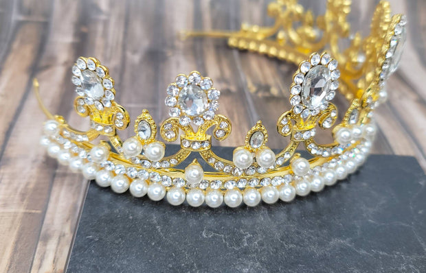Fast Ship - 2.5"- English Duchess Gold Crown, Gold Hair Tiara, Gold & Pearl Tiara - Baroque - Sweet 16 Crown - Gold Crown - British Inspired