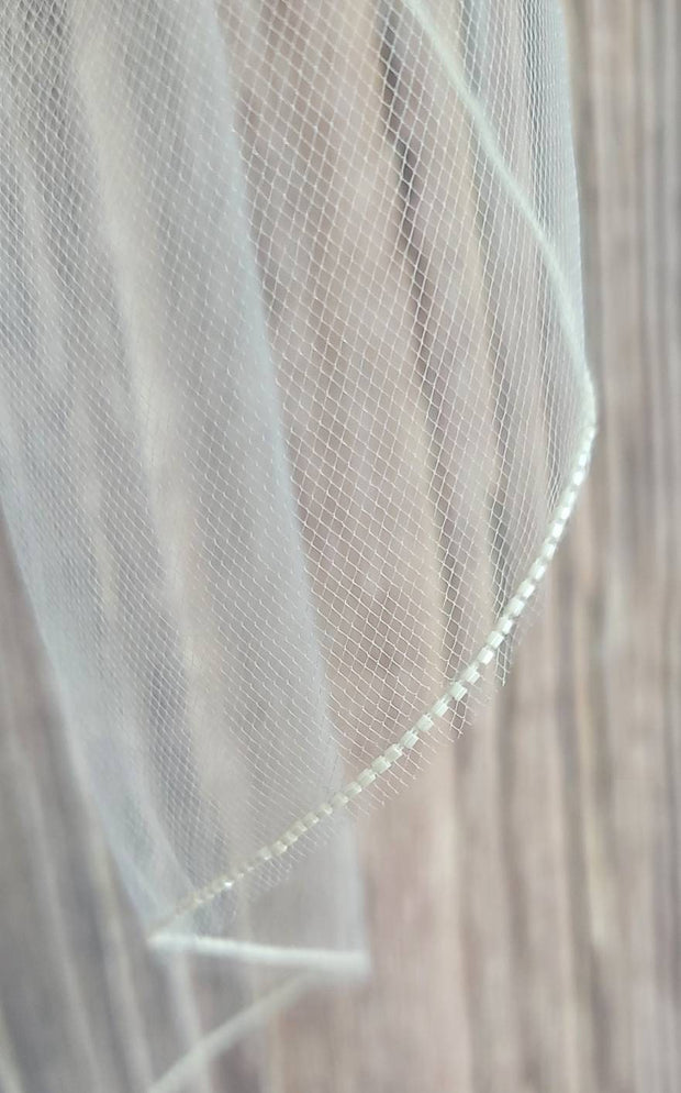 40" Inch Long -  Frosted Seed Beaded Edge Veil - Beaded Veils - Frosted Beaded Edge - Opaque Beaded Veil -