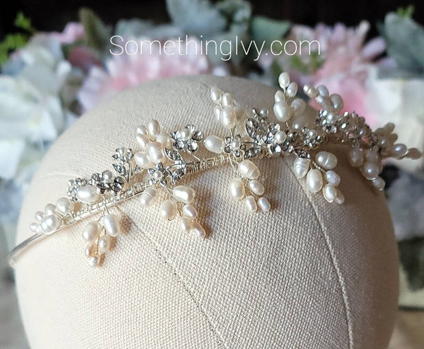 Fast Ship - Freshwater Cluster Pearls and Pave Crystals  Silver Headband, Silver Headband, Crystal Headbands, Wedding Headbands